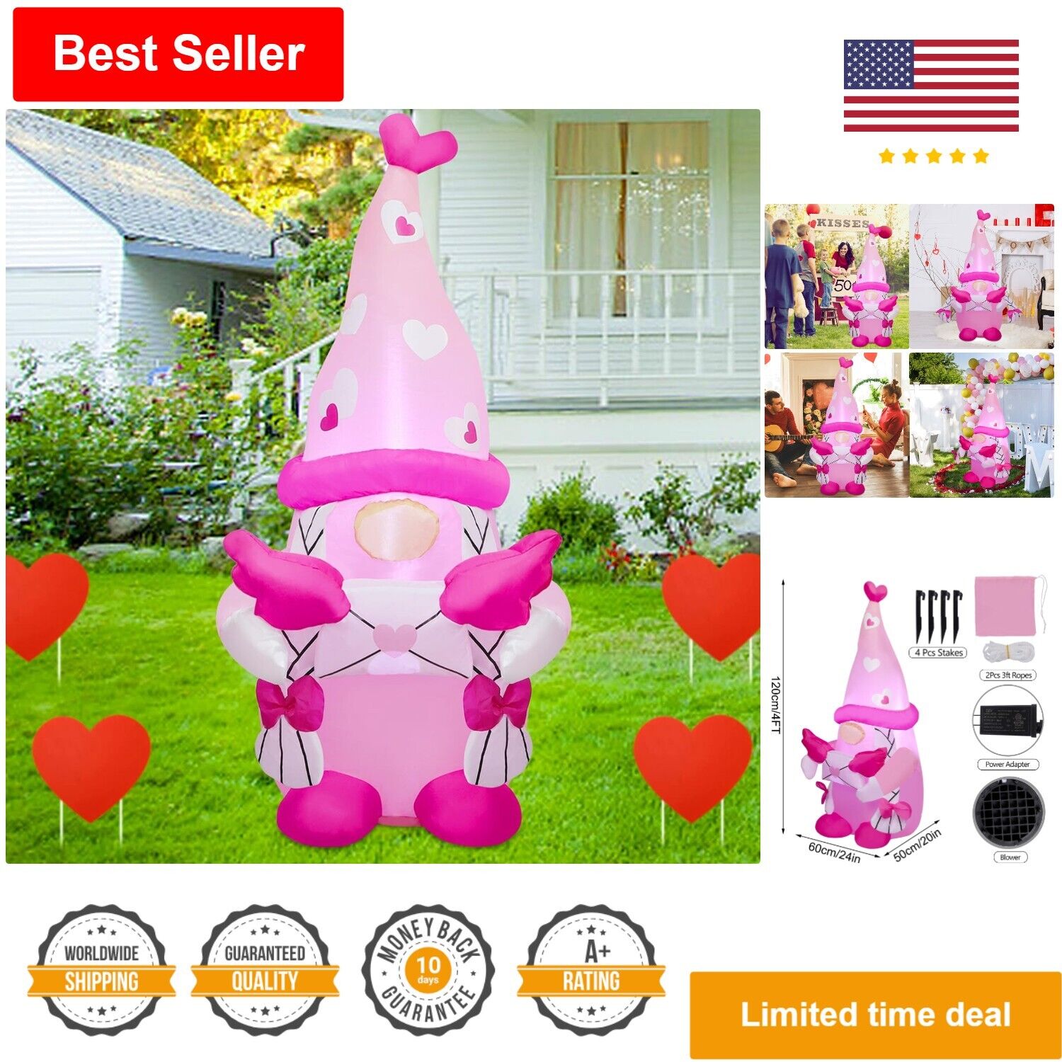 Valentine Inflatable Pink Gnome - 4 FT Lighted Blow Up Girl Swedish Gnomes