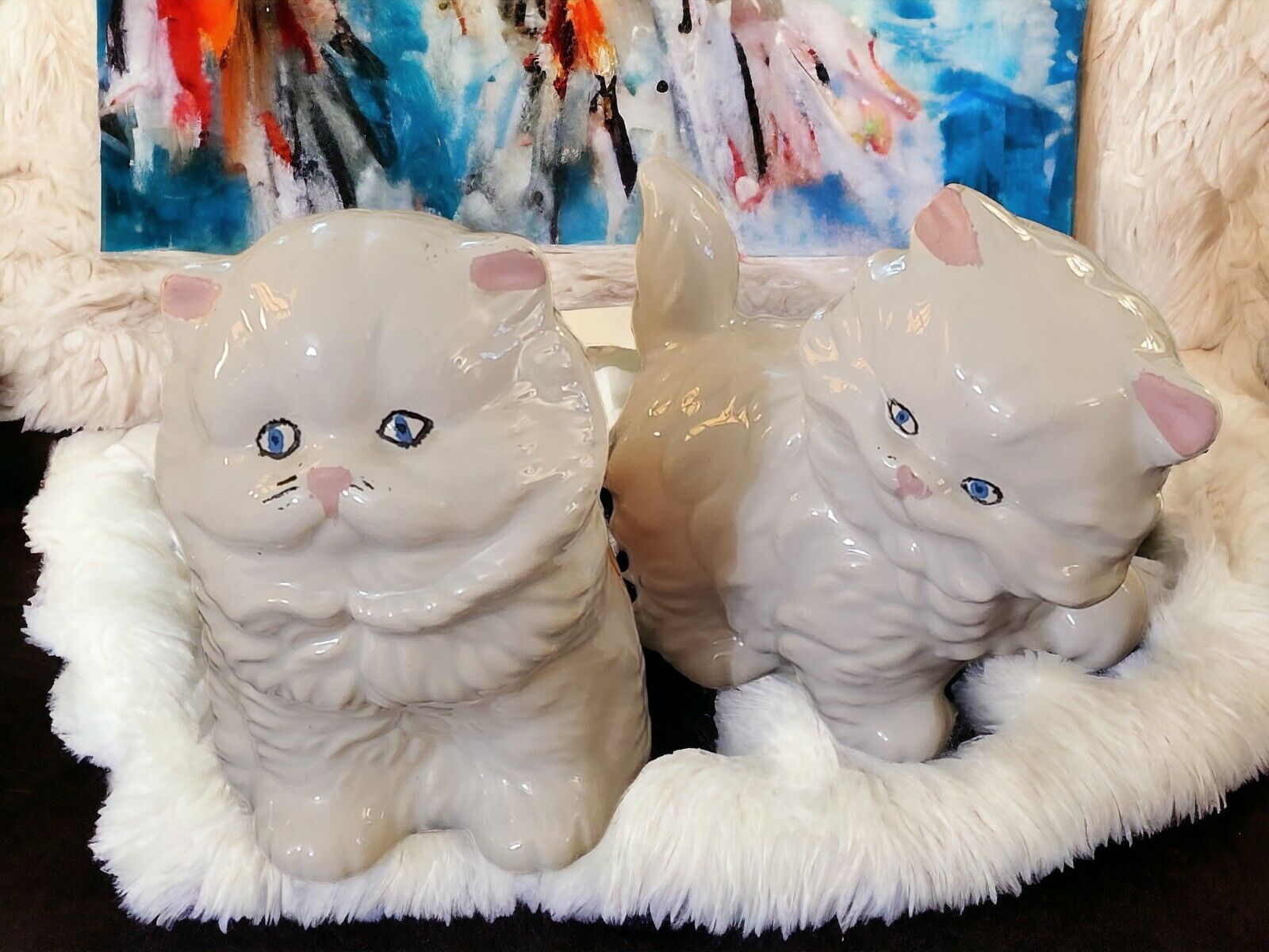 Ceramic Persian Kitten Figurines Handcrafted Vintage 1980 White Blue Cottagecore