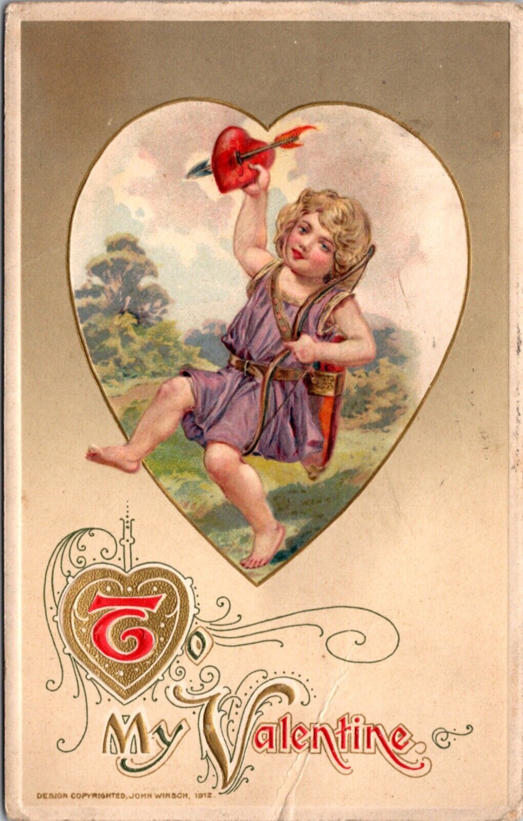 1913 Winsch Valentine\'s Day PC Purple Dressed Cherub Angel Bow Arrow Thru Heart
