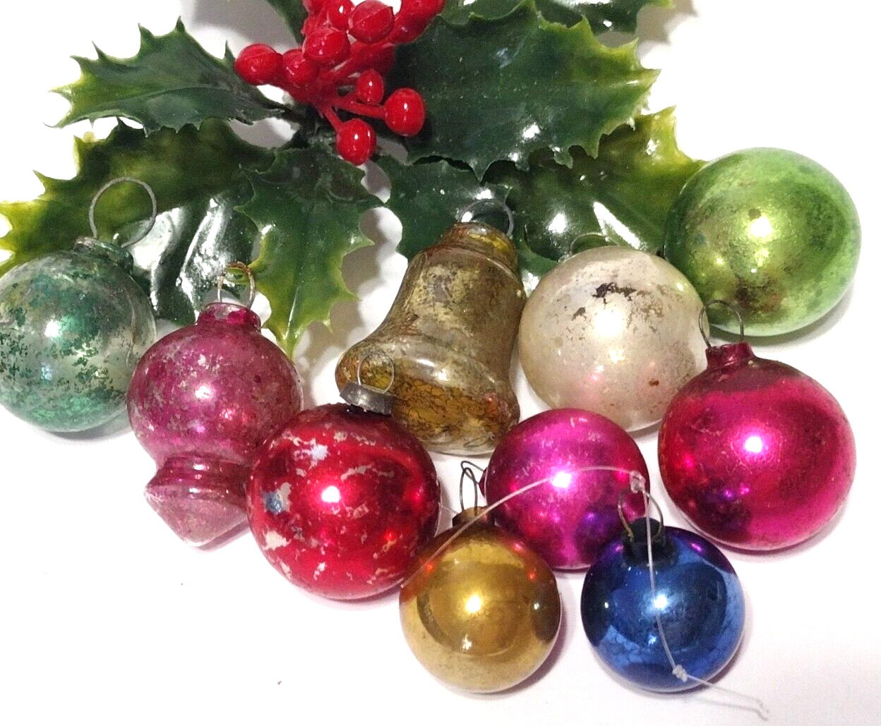 Vintage Mercury Glass lot of 10 mini Christmas ornaments Lantern Bell Balls