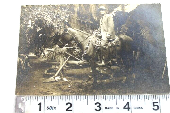 Antique Early 1900's Real Picture Post Card Man on a Horse portrait