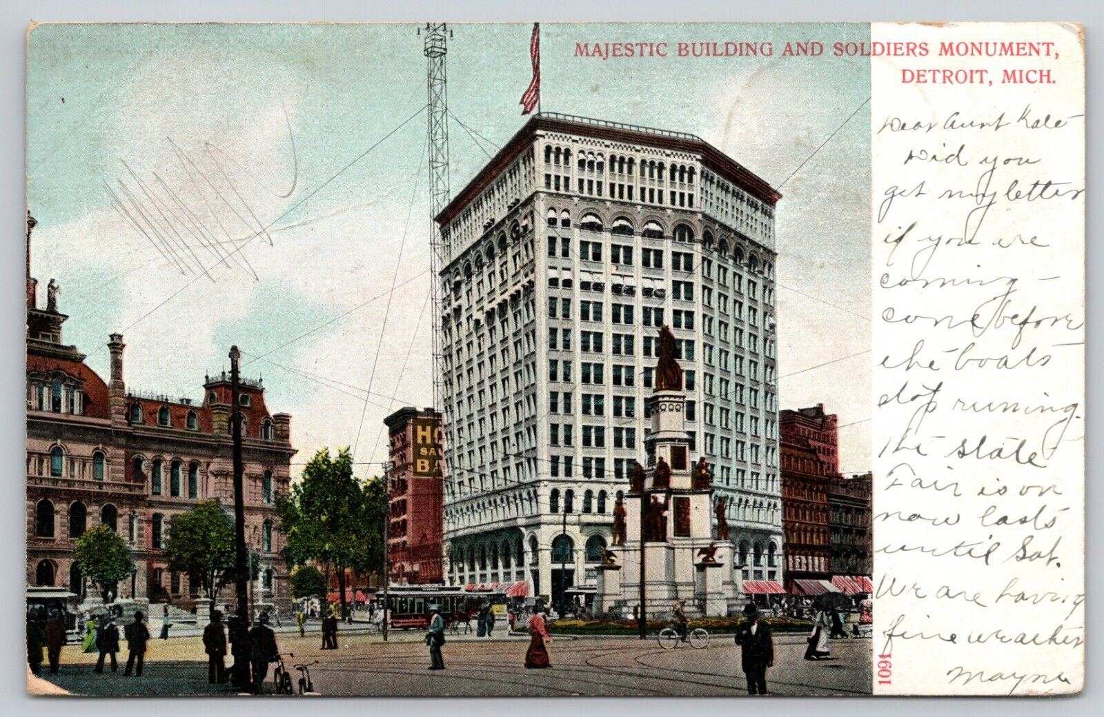 Postcard MI Detroit Majestic Building And Soldiers Monument UDB A6