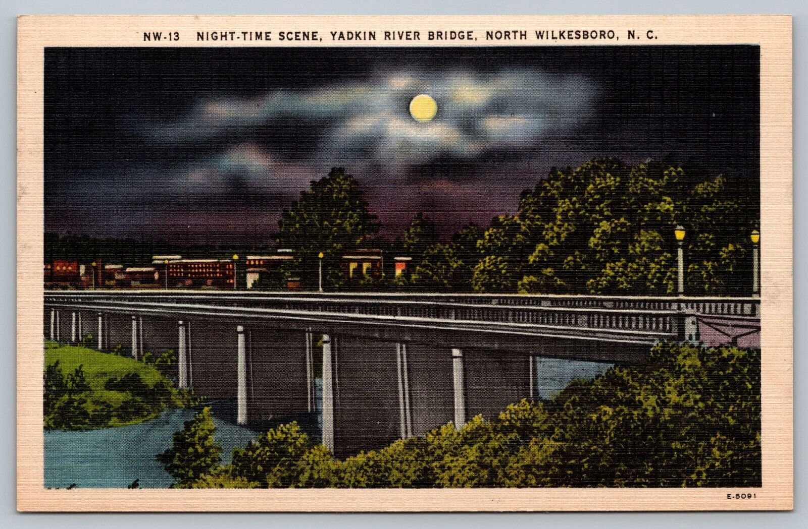 Postcard Night Time Scene Yadkin River Bridge North Wilkesboro North Carolina NC