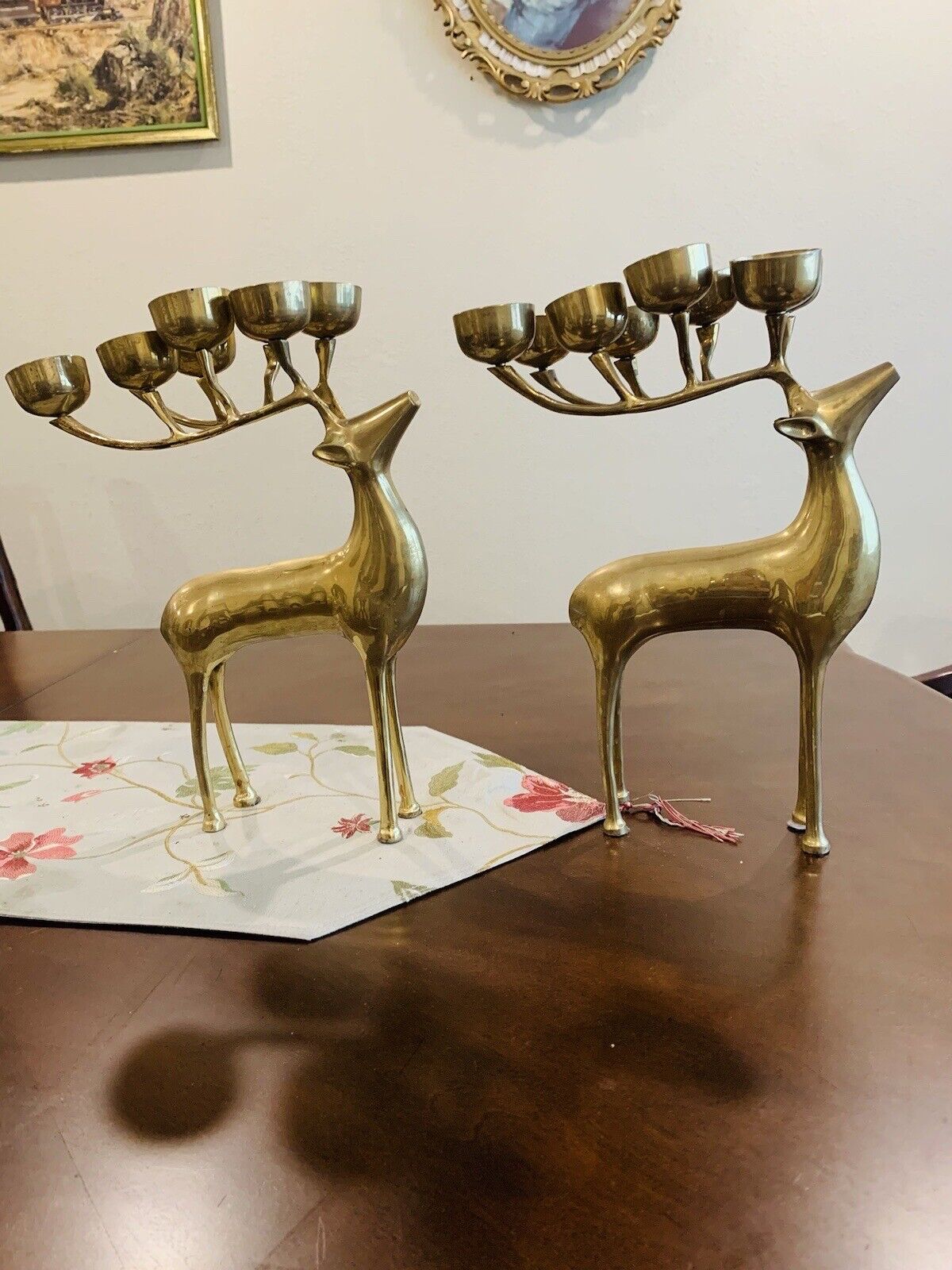 Cute vintage Pair Of Big brass deers Statue  Sculpture Each 8 candles Holder./