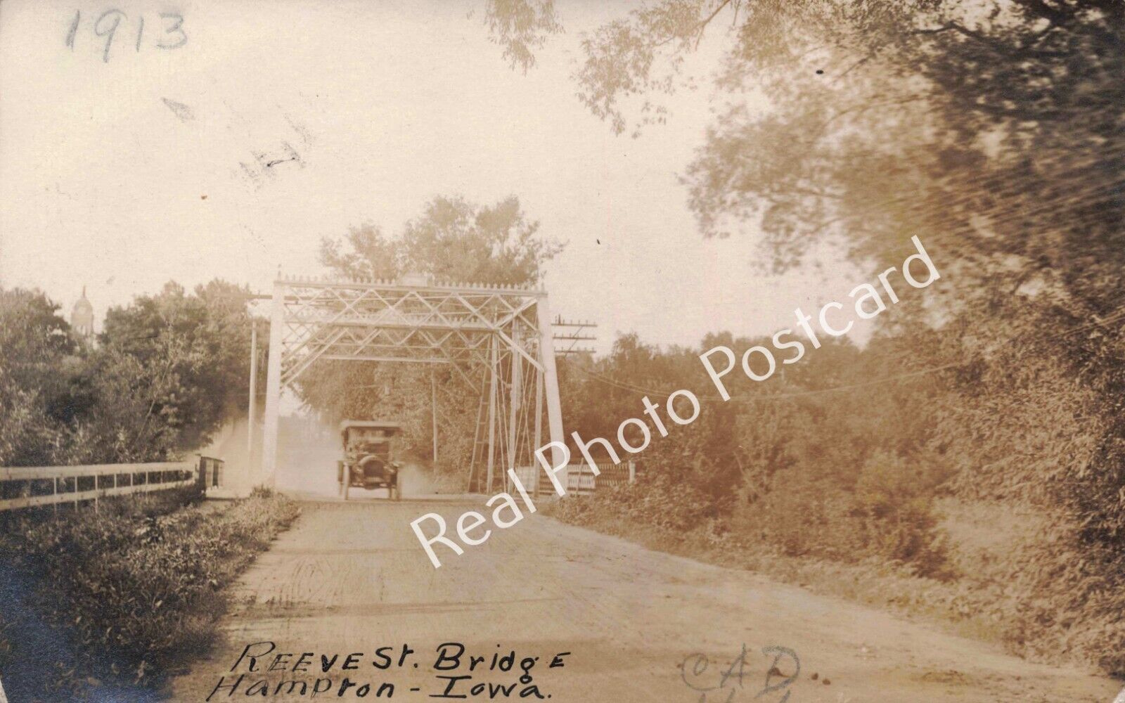 RPPC Hampton Iowa Old Car Crosses Reeve St Bridge c1913 Real Photo Postcard