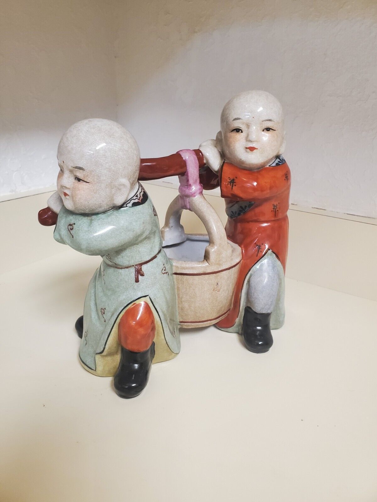Porcelain Chinese Vintage Asian Figure Statue Pottery Boys Carrying Water Pail