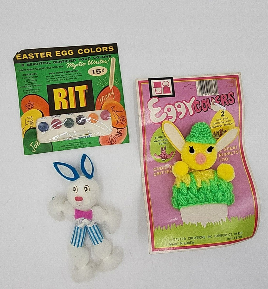 Lot of 3 Vintage Easter Decorations Bunny, Eggy Cover, & RIT Egg Color Kit
