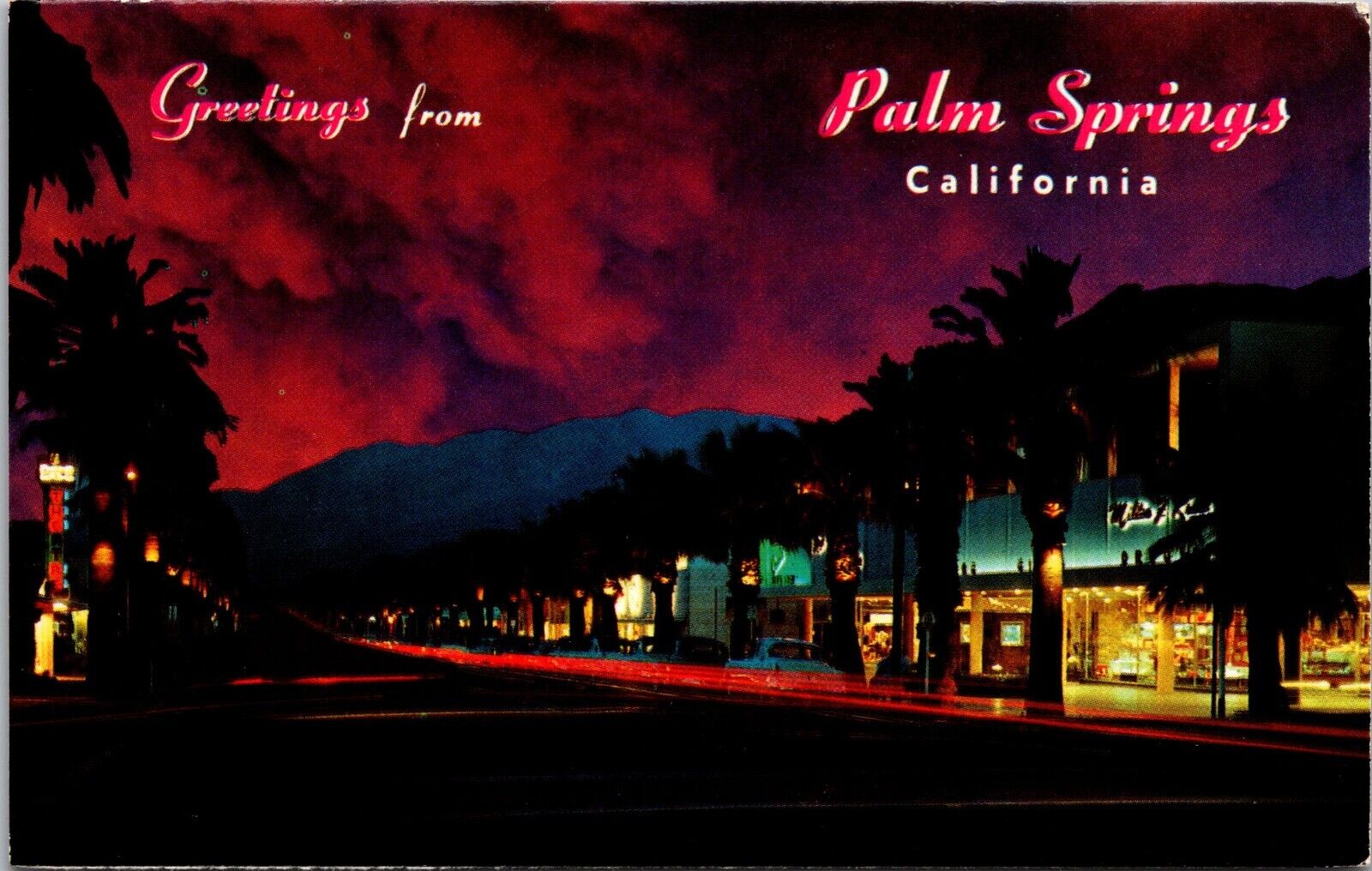 Postcard Greetings from Palm Springs California  Illuminated Palms & Lights [bl]