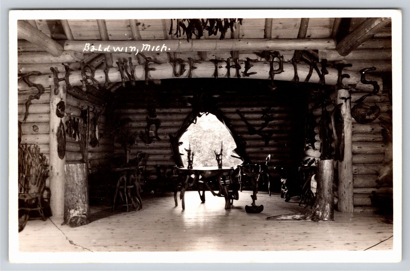 RPPC~Baldwin Michigan~Shrine Of The Pines Log Cabin Furniture~Real Photo PC