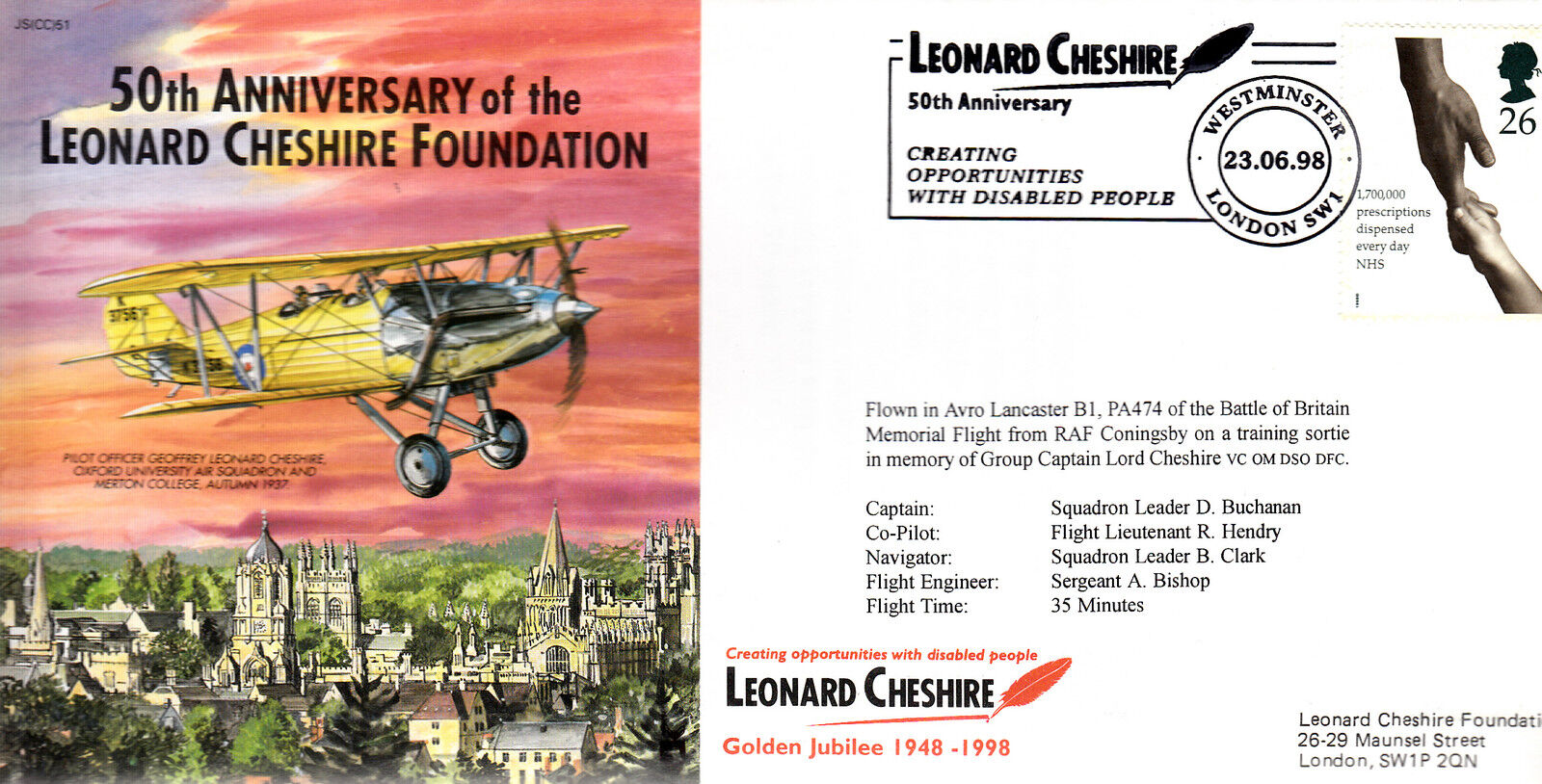 CC51 Gp Capt Lord Cheshire VC Foundation RAF BBMF flown NHS FDC 