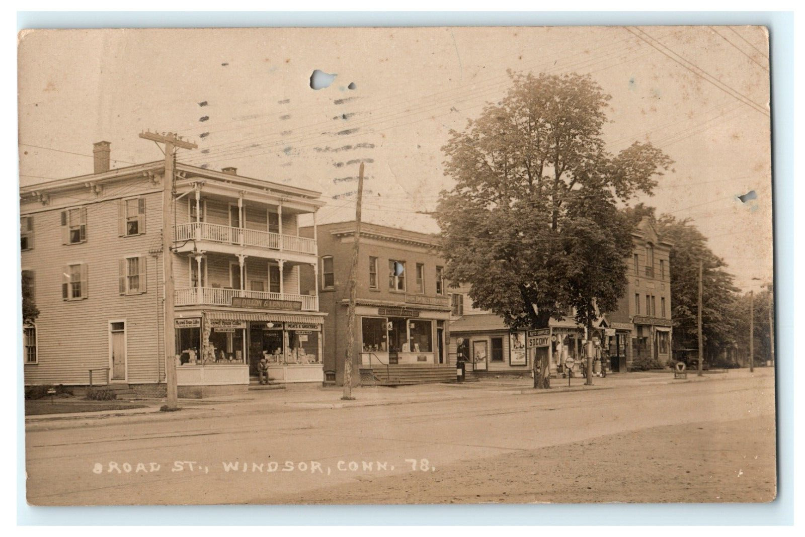 1929 Broad Street View Windsor CT Socony Store Ads Signs RPPC - Damaged