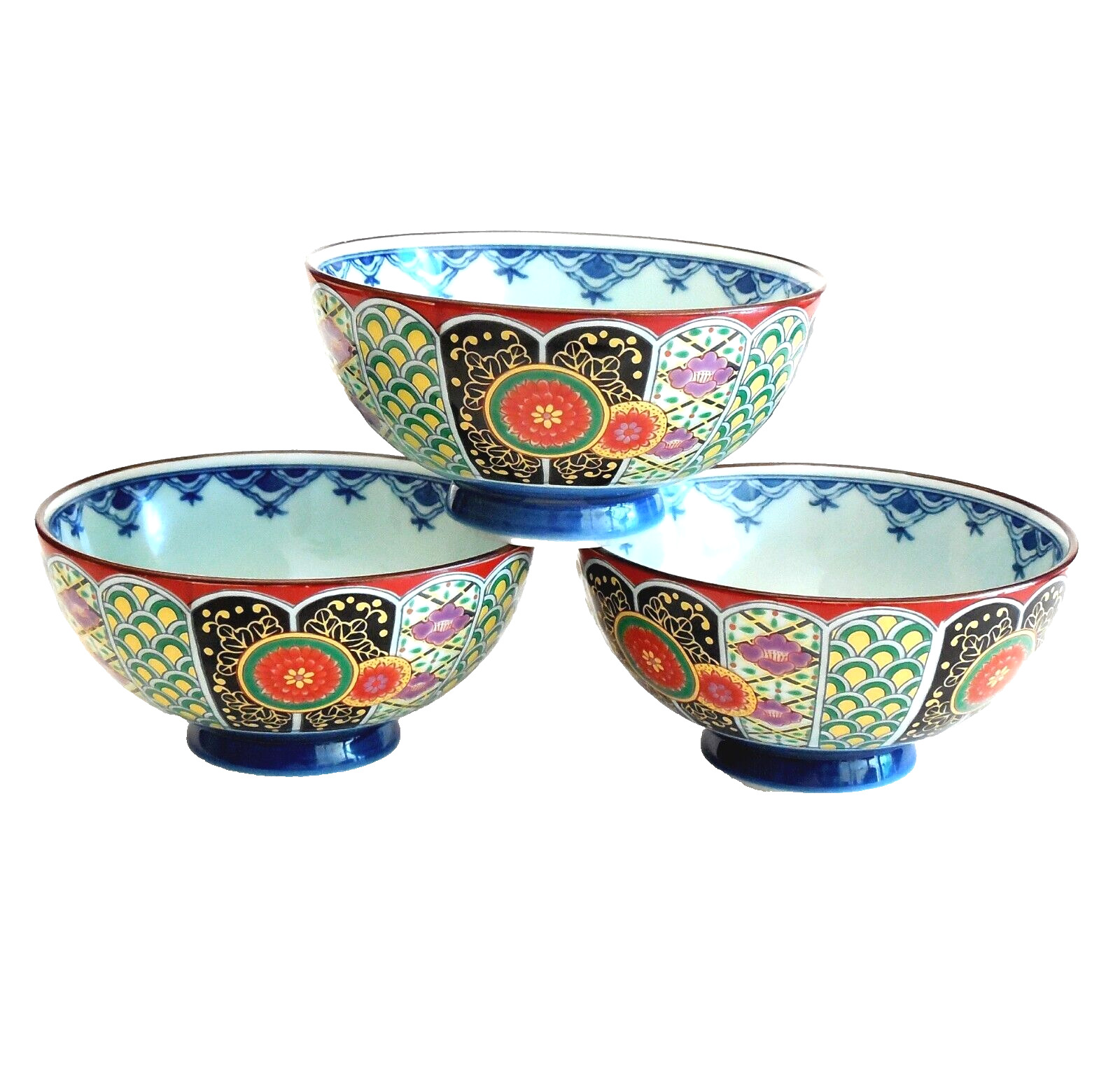 Amari Arita Ware Rice Soup Bowls 3 pc Colorful Japanese Porcelain Excel. Cond.