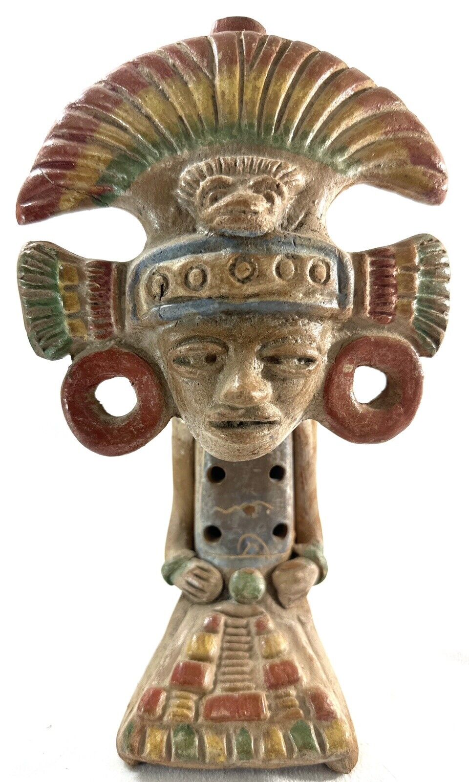 Vintage Aztec Inca Mayan Folk Art Pottery Clay Sculpture Flute 9” REPAIRED