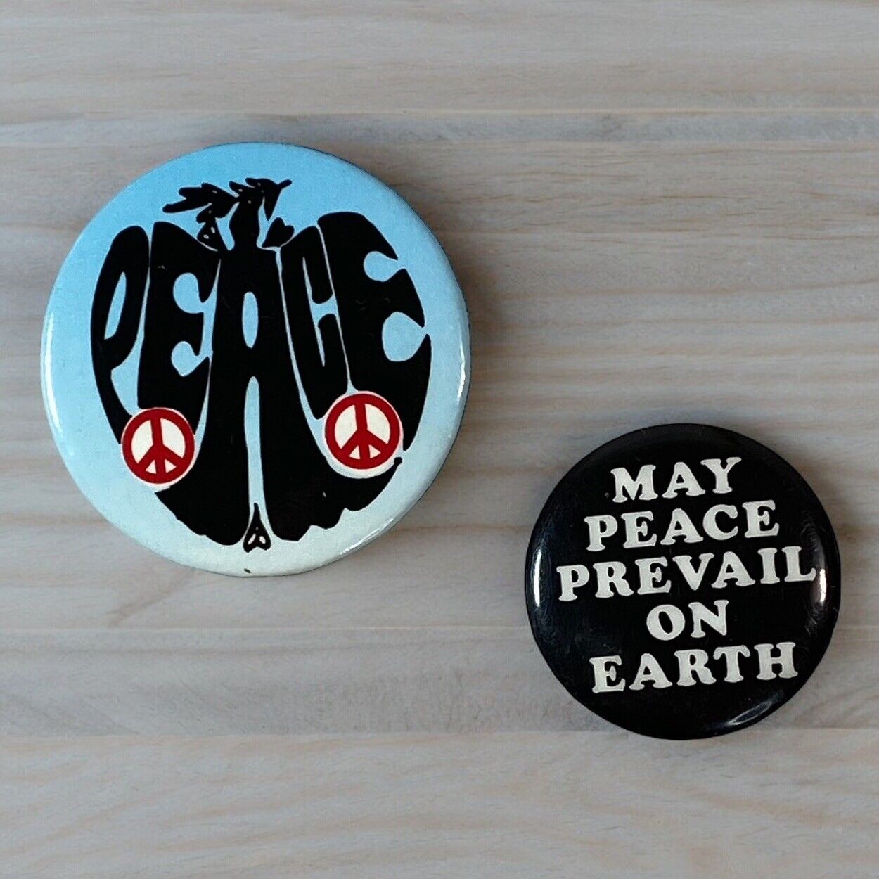 Vintage MAY PEACE PREVAIL ON EARTH & Peace Anti War Activists Pin Back Buttons