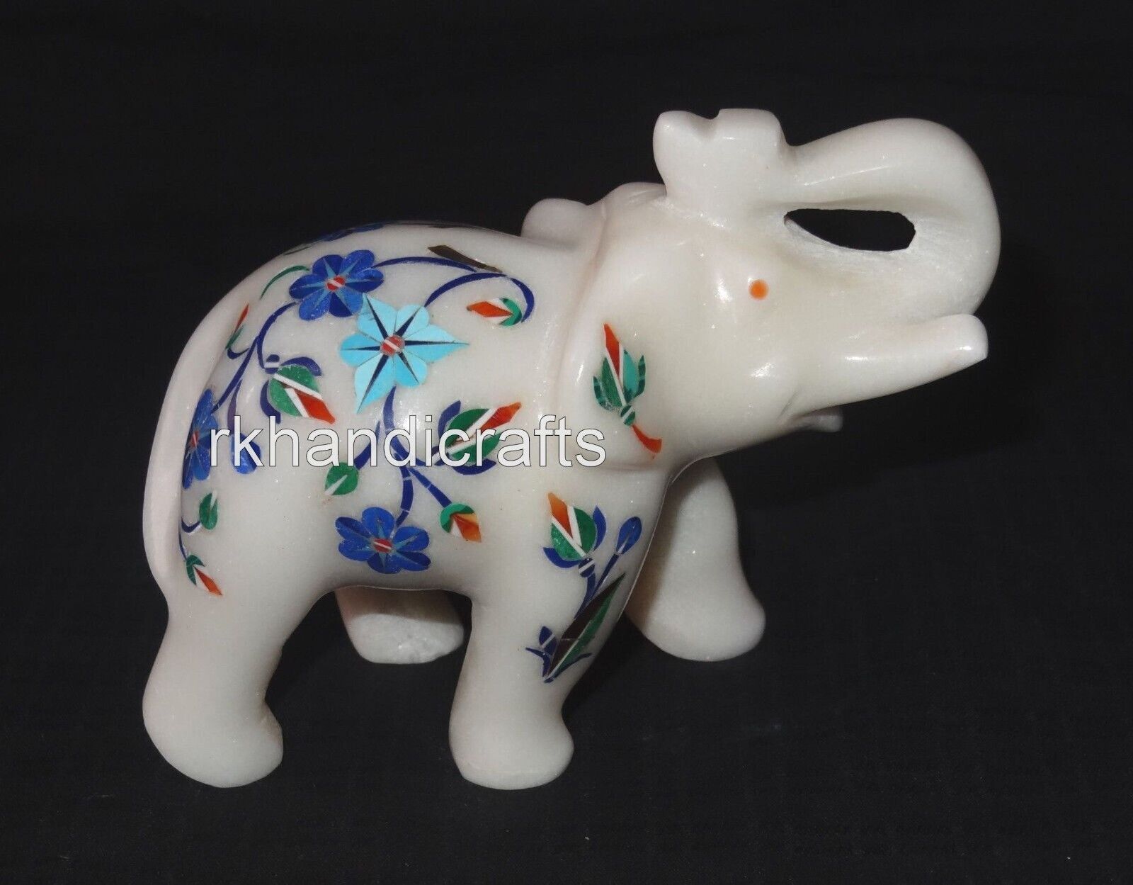 04 Inches Marble Elephant Statue Multicolor Stone Inlay Work Good Luck Elephant
