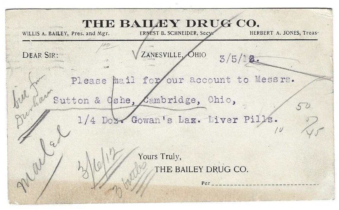 ZANESVILLE OH/OHIO Postal Card BAILEY DRUG CO. Gowan\'s Laxative Liver Pills 1912