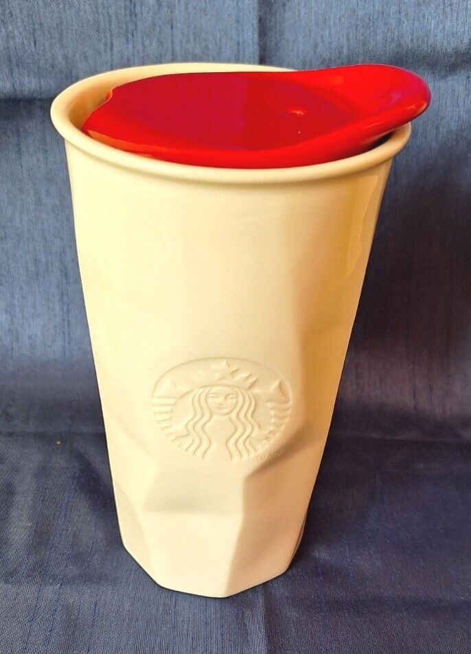 Starbucks 2013 Faceted Off White 10oz Ceramic Tumbler Travel  Mug W/ Red Lid EUC
