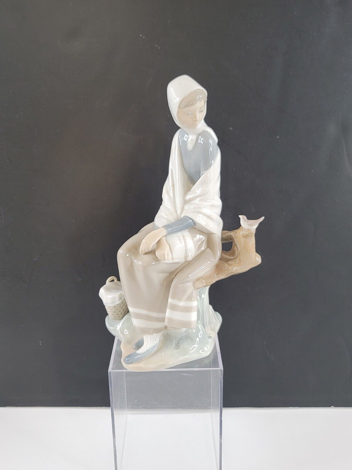 Lladro 4576 Spanish Porcelain Figurine Shepherdess Girl Sitting With Bird 9.5” 