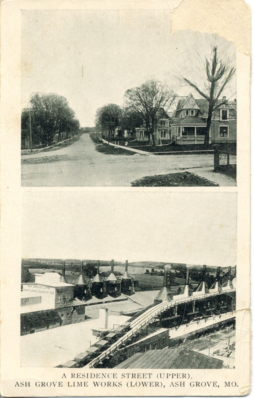 Residence Street; Lime Works, Ash Grove, Mo. Missouri Postcard. Near Springfield