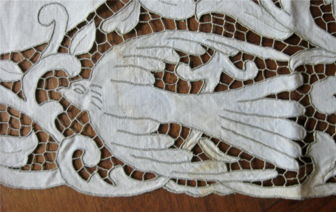 antique 4pc Richelieu Embroidery CUT WORK Linen LACE Runner & 3 Rd MATS BIRDS