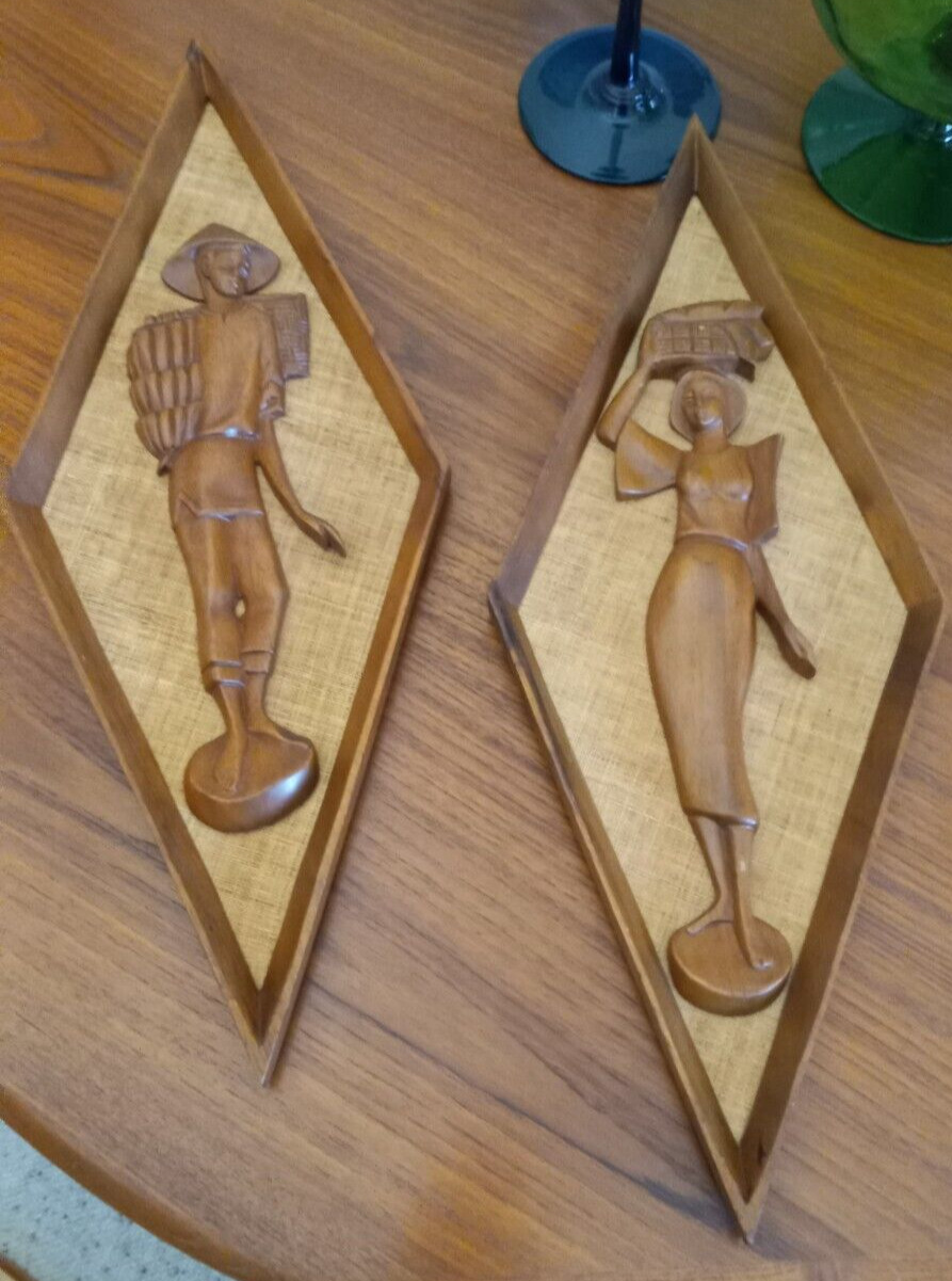 Vintage MCM Teak wood hand carved wall plaques triangle