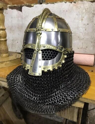 16GA SCA Vendel Medieval Viking Helmet Knight With Chainmail Helmet Viking Brass