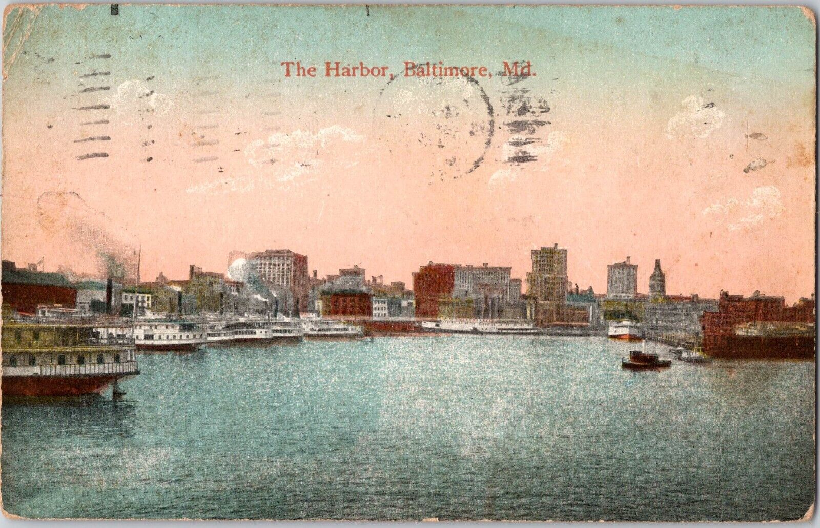 1913 Baltimore, Maryland The Harbor Vintage Postcard to Bridgeton, New Jersey