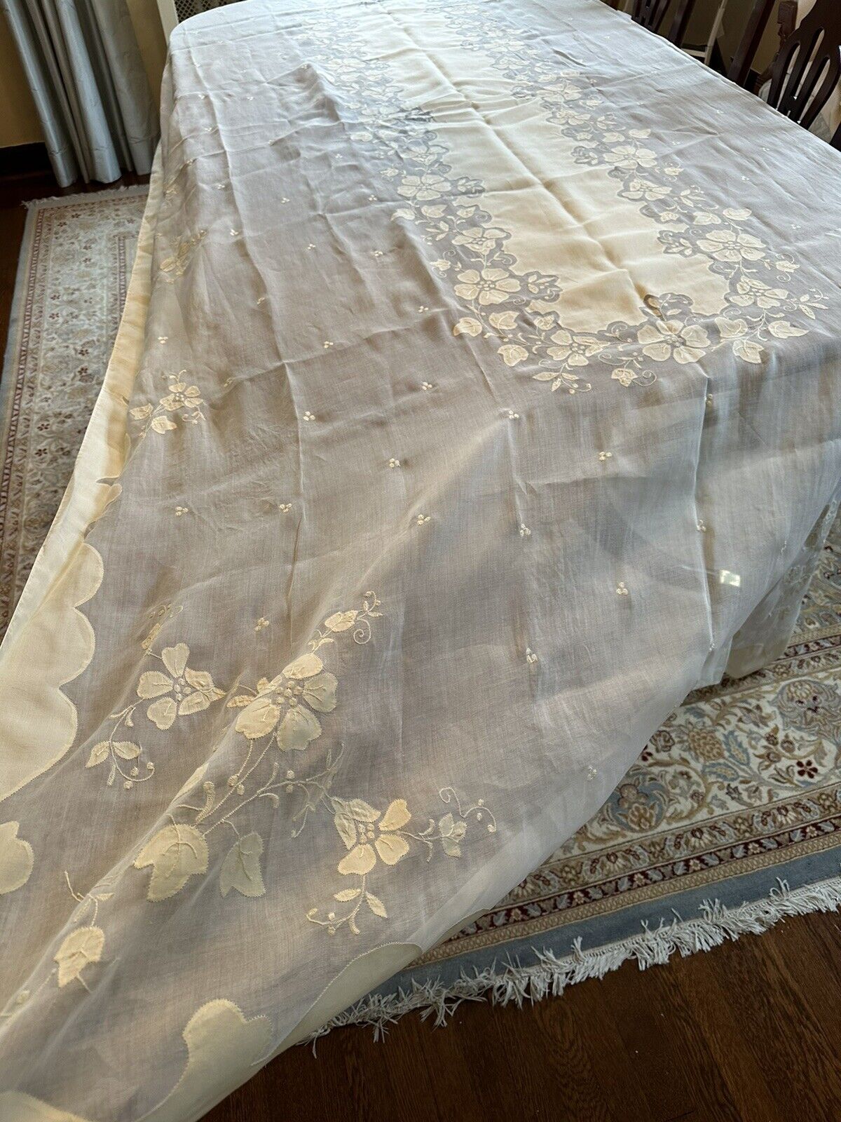 Vintage BANQUET Voile Madeira Tablecloth w/ Applique & Embroidery 123” Long