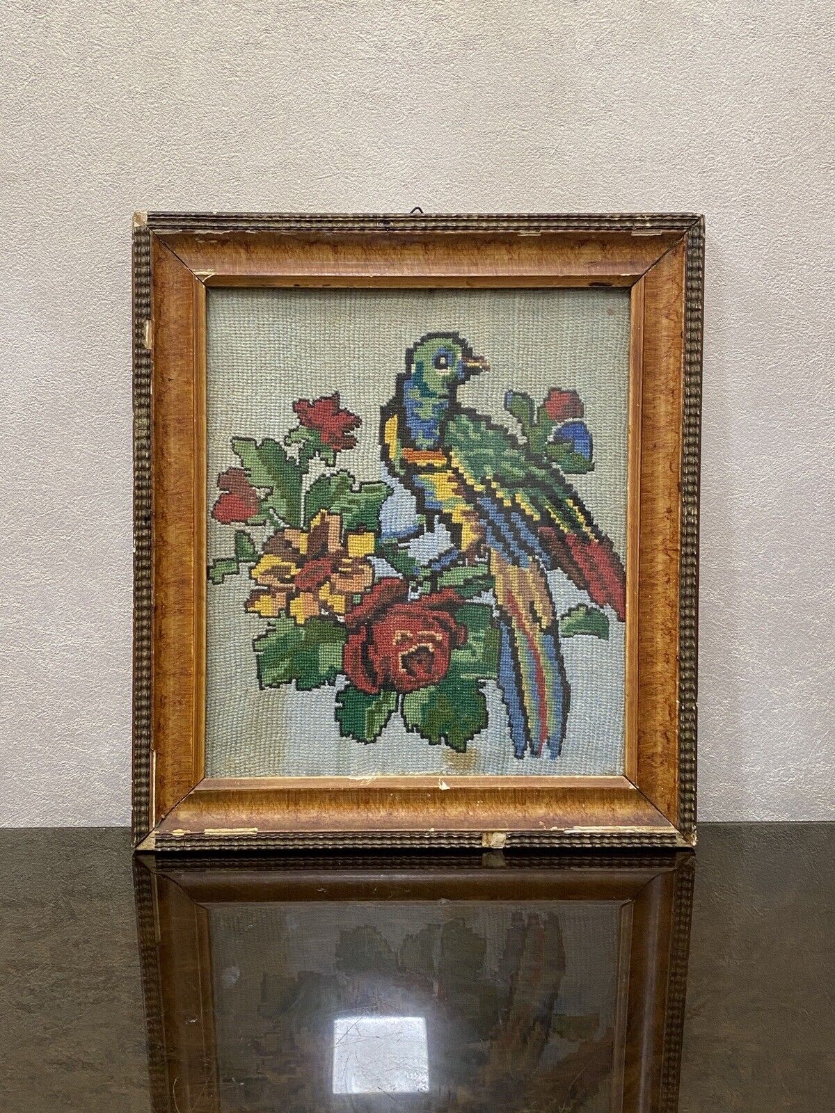 Vintage Ukrainian Soviet Union Old Handmade Embroidery Bird, 1950s