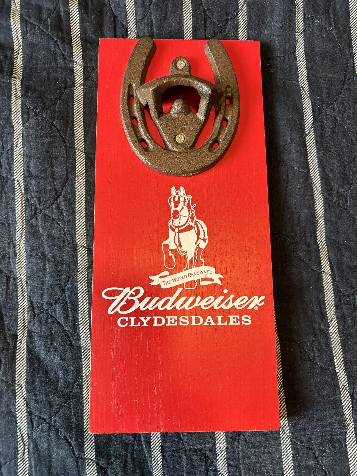 Budweiser Clydesdales Red Wall Mount Cast Iron Horseshoe Bottle Opener Plaque.