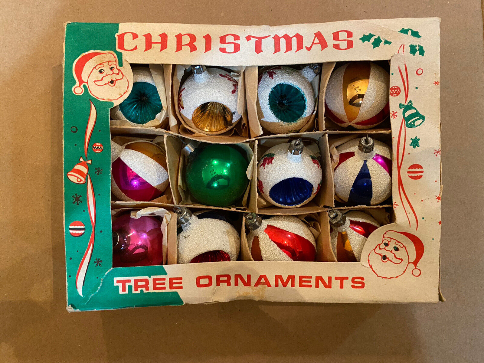 ANTIQUE CHRISTMAS ORNAMENTS WITH SNOW ONE DOZEN 1940’s/50’s RARE WITH BOX NOS