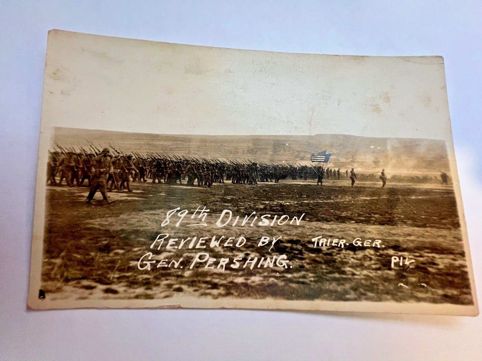 Vintage Real Photo 89th Division Reviewed By General Pershing WW1 Postcard