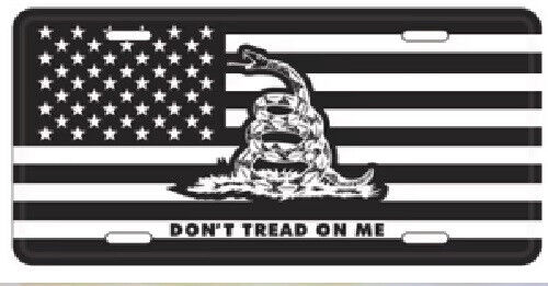 BLACK GADSDEN DON\'T TREAD ON ME BLACK AND WHITE TACTICAL Embossed License Plate
