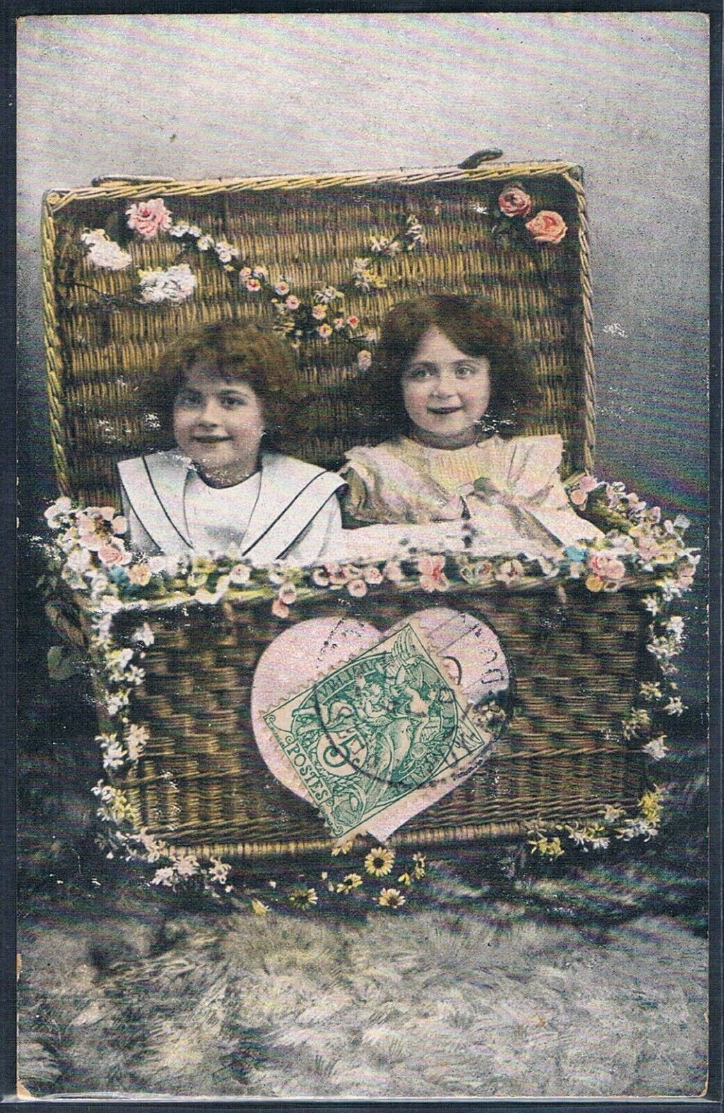 W050 COUPLE of EDWARDIAN CHILDREN in HUGE WICKER TRUNK Tinted PHOTO pc
