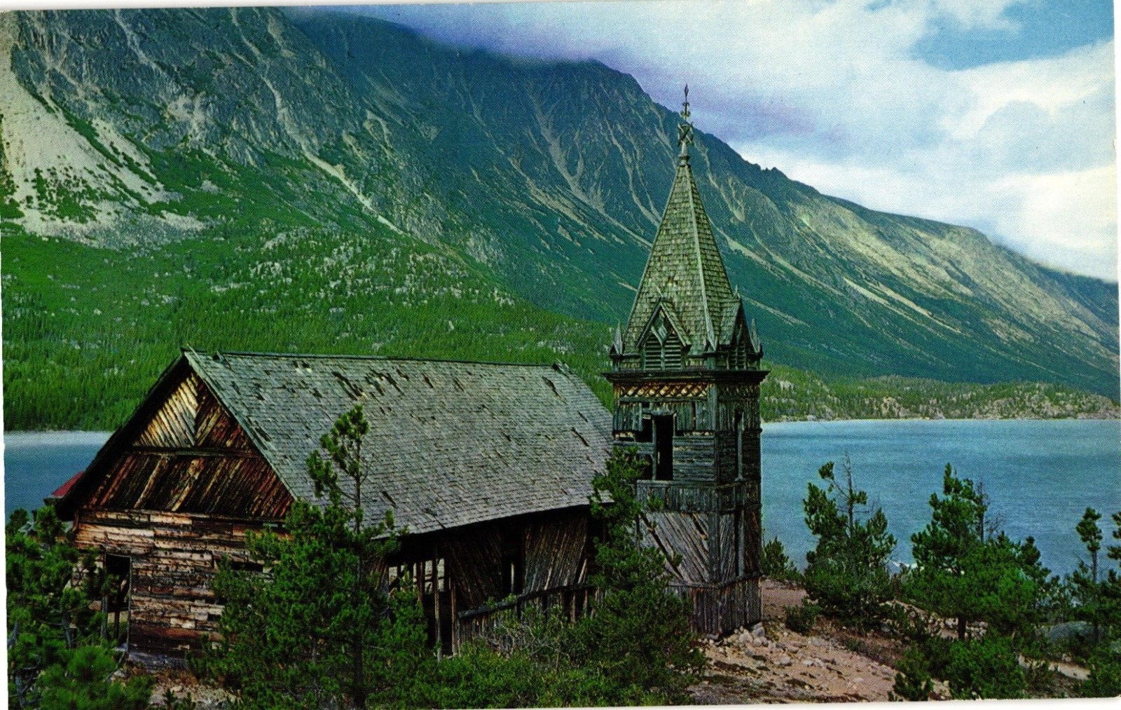 Old Log Church Ruins at Lake Bennett BC Canada Postcard Vintage