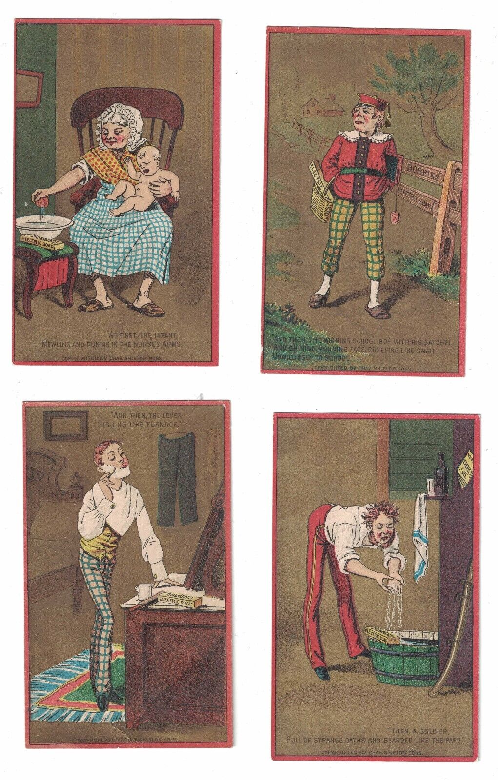 Full set of 7 Dobbins Electric Soap Victorian Trade Cards c.1880s Philadelphia