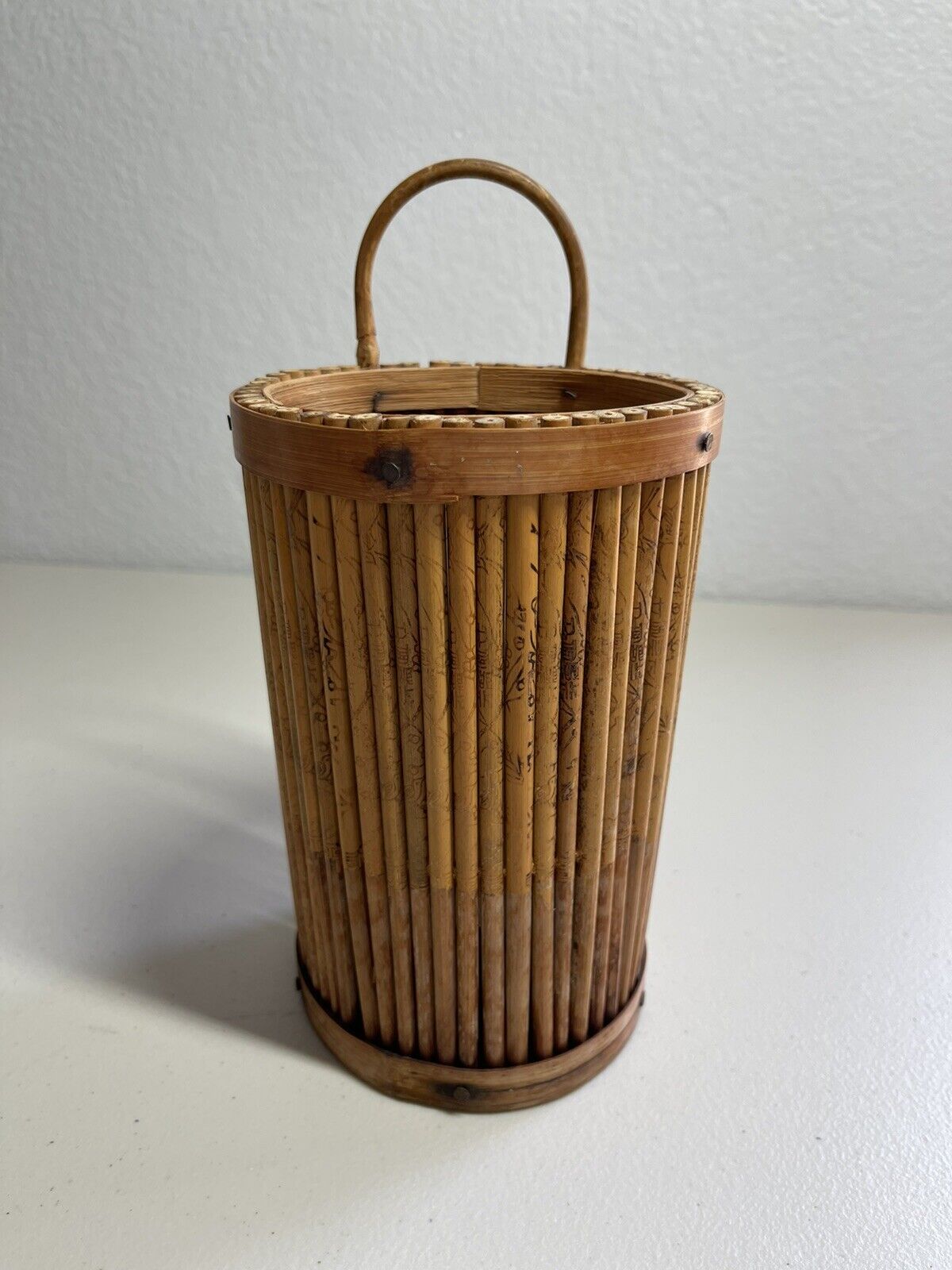 Vintage Handmade Burnt Stick Hanging Basket Polynesian Inspired Boho