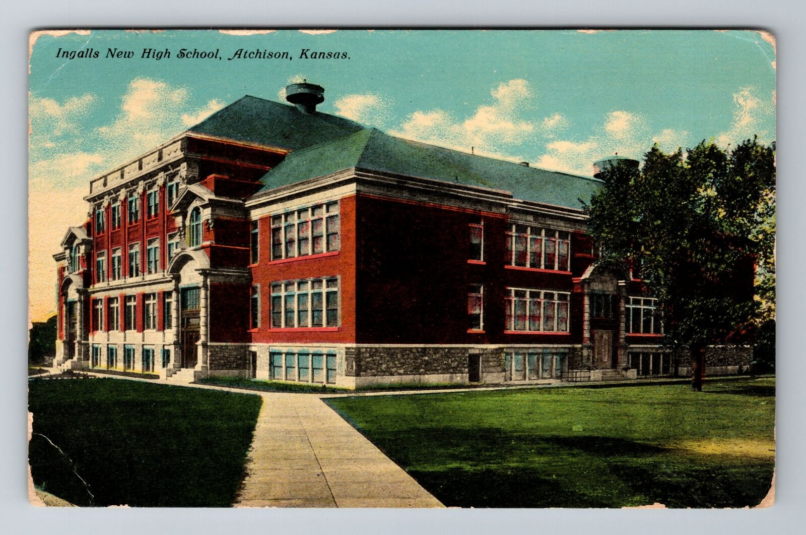 Atchison KS-Kansas, Ingalls New High School, Antique Vintage Souvenir Postcard