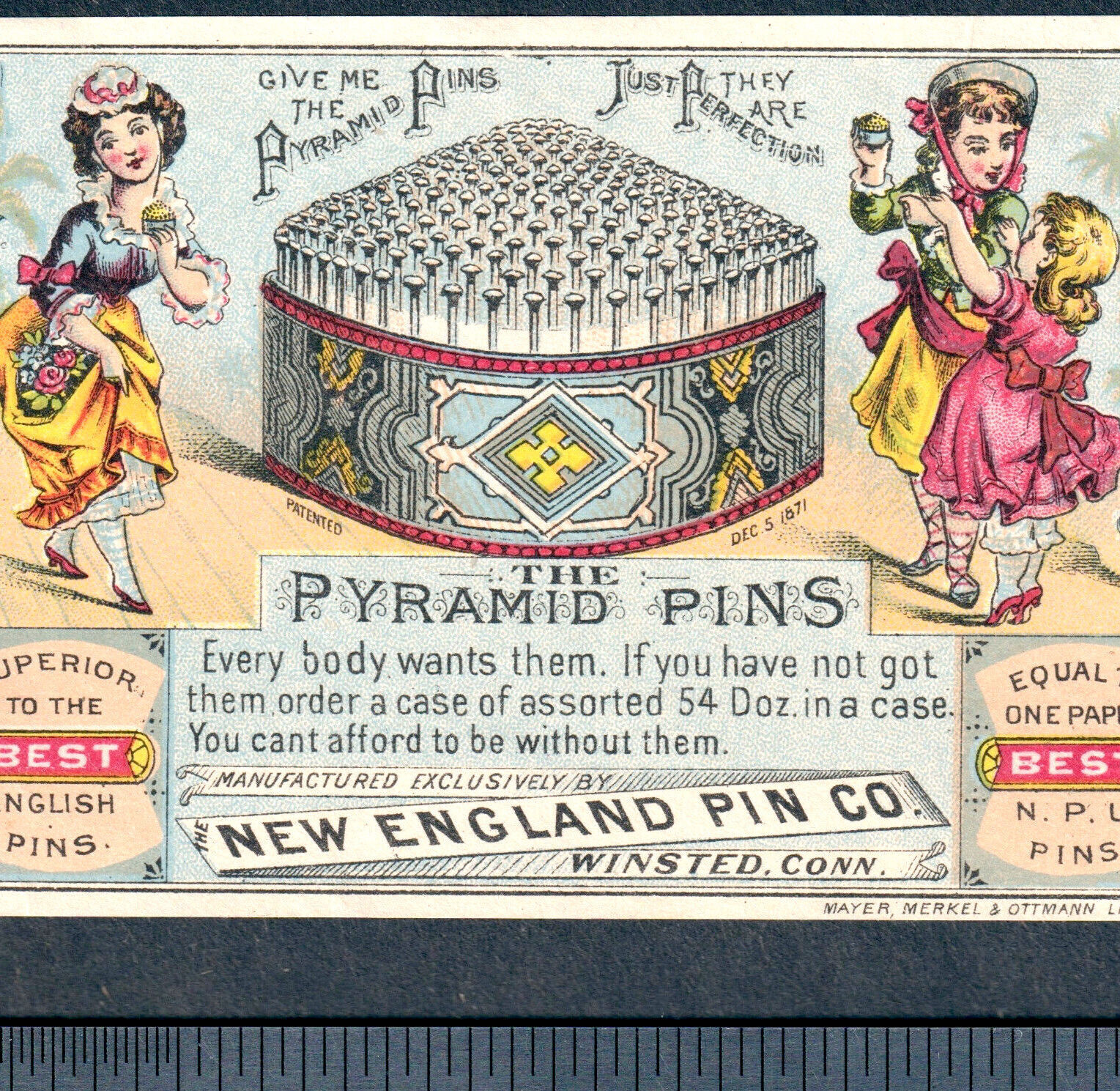New England Pin Company 1800\'s Winsted CT Pyramid Pins Adv Victorian Trade Card