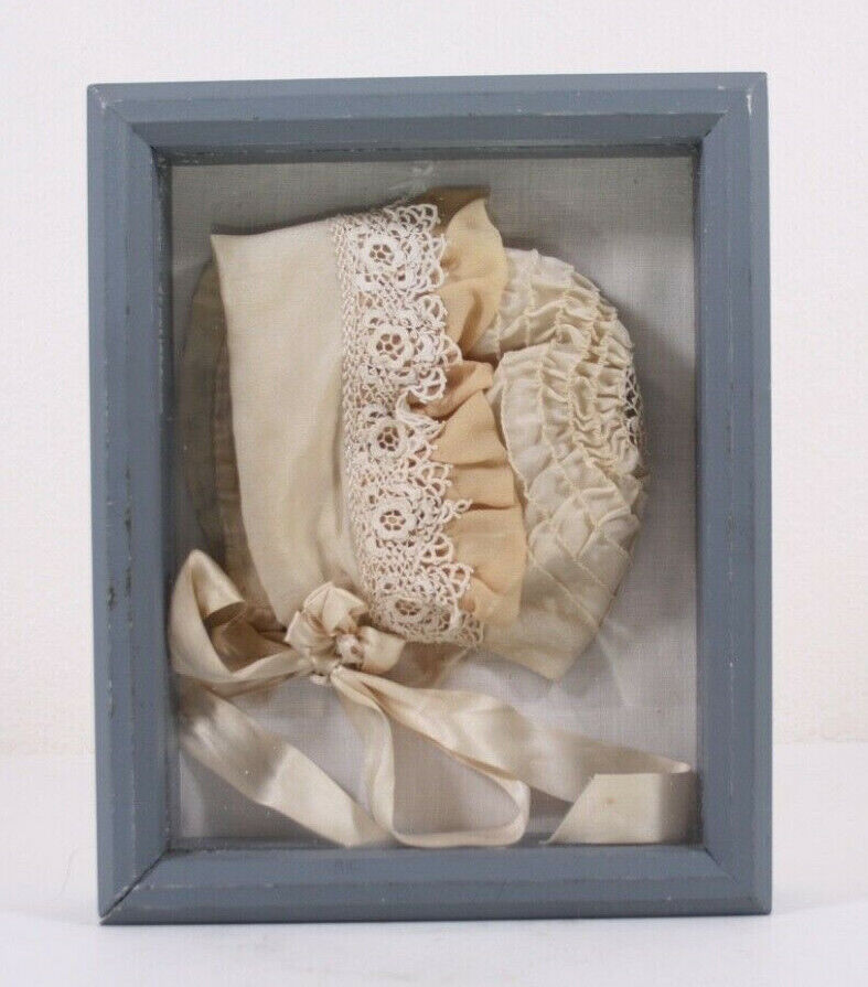 True Antique Lace Baby Bonnet Framed Mounted 10x8 Display French Flea Shabby