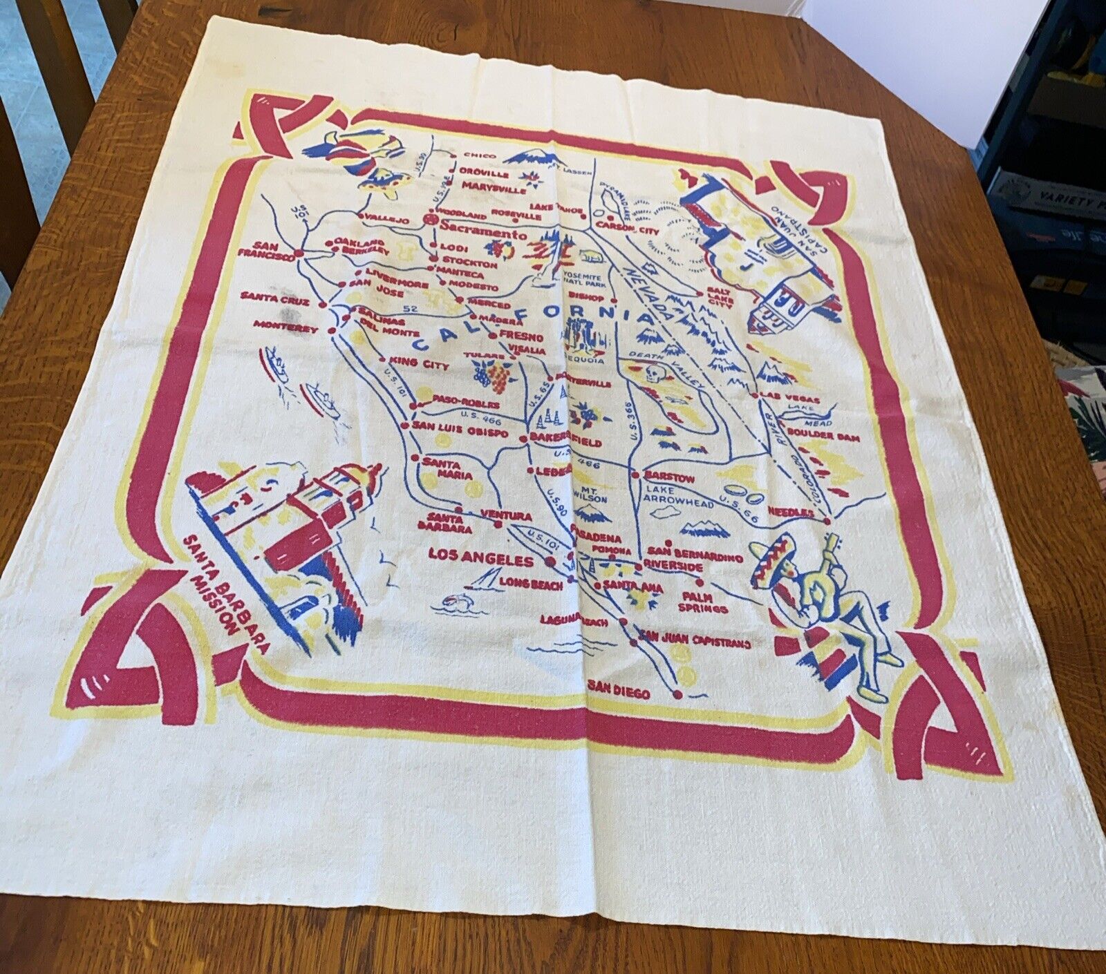 Vintage CALIFORNIA Table Cloth Map Wall Hanging Travel 1950’s Thick Cotton