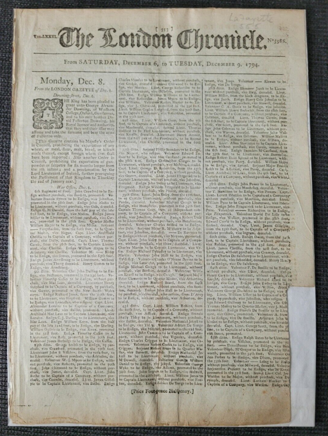 THE LONDON CHRONICLE MARQUIS DE LAFAYETTE 9TH DEC 1794 ORIGINAL A4 NEWSPAPER
