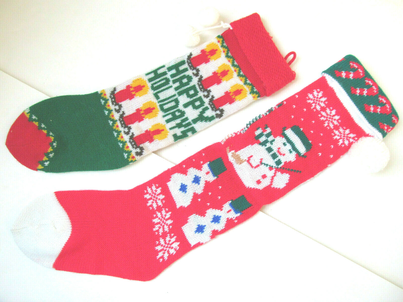 2 Vtg Christmas Knit Acrylic Stocking Happy Holiday Candles Snowman Pom Pom C1