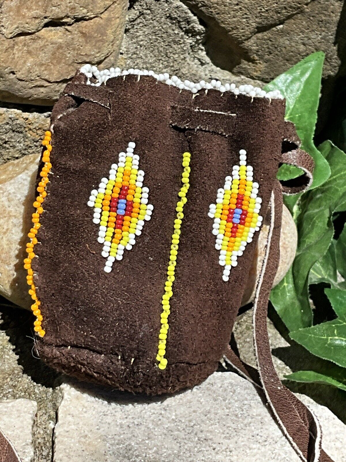 Vintage Native American Brown Suede Beaded Medicine Bag Tobacco Pouch