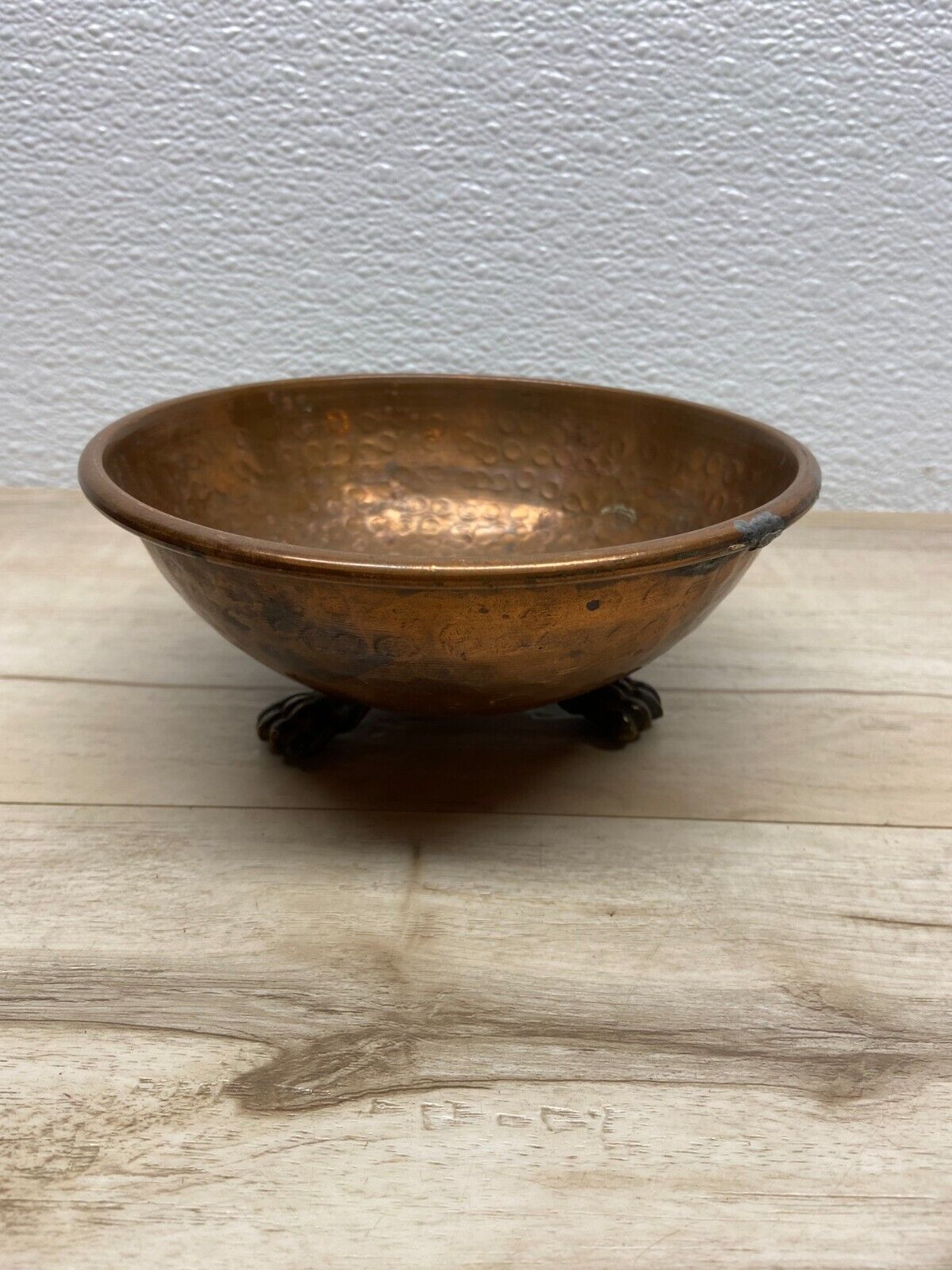 Vintage Solid Copper Brass Footed Trinket Hand Hammered Dish Bowl 6in Diameter
