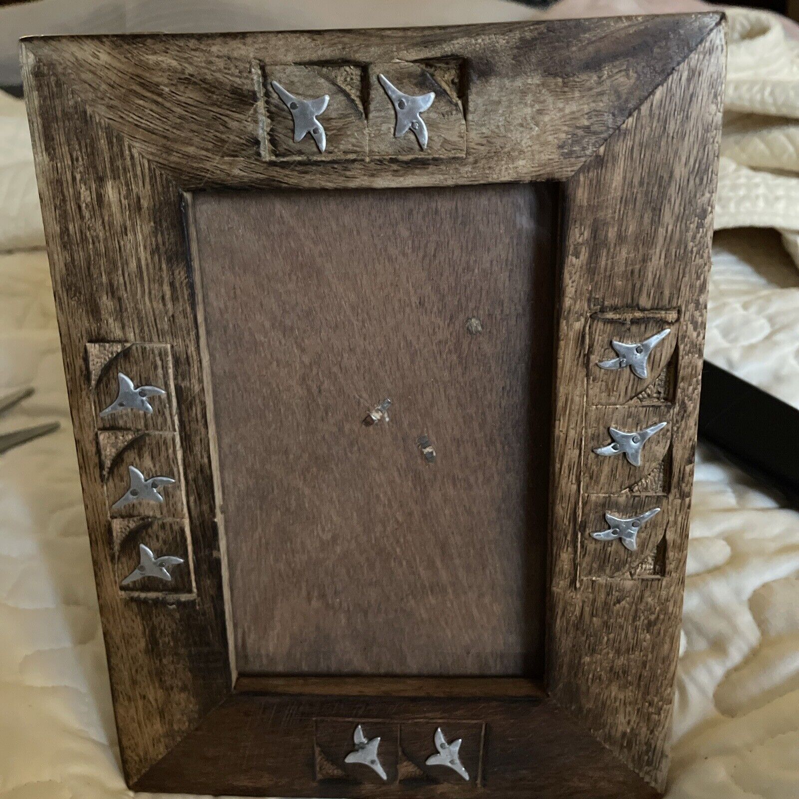Wooden Hand Carved Fram 5”x7” Picture Metal Accents 