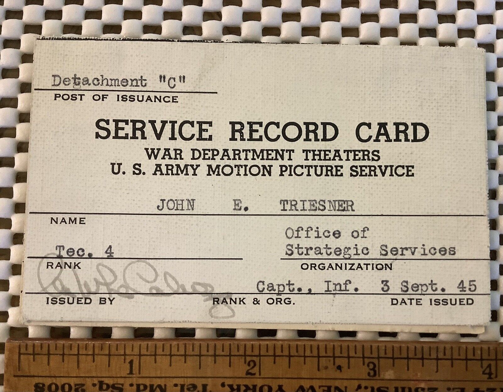 WWll Military Service Record US Army Motion Picture Ser. Theater John S Triesner