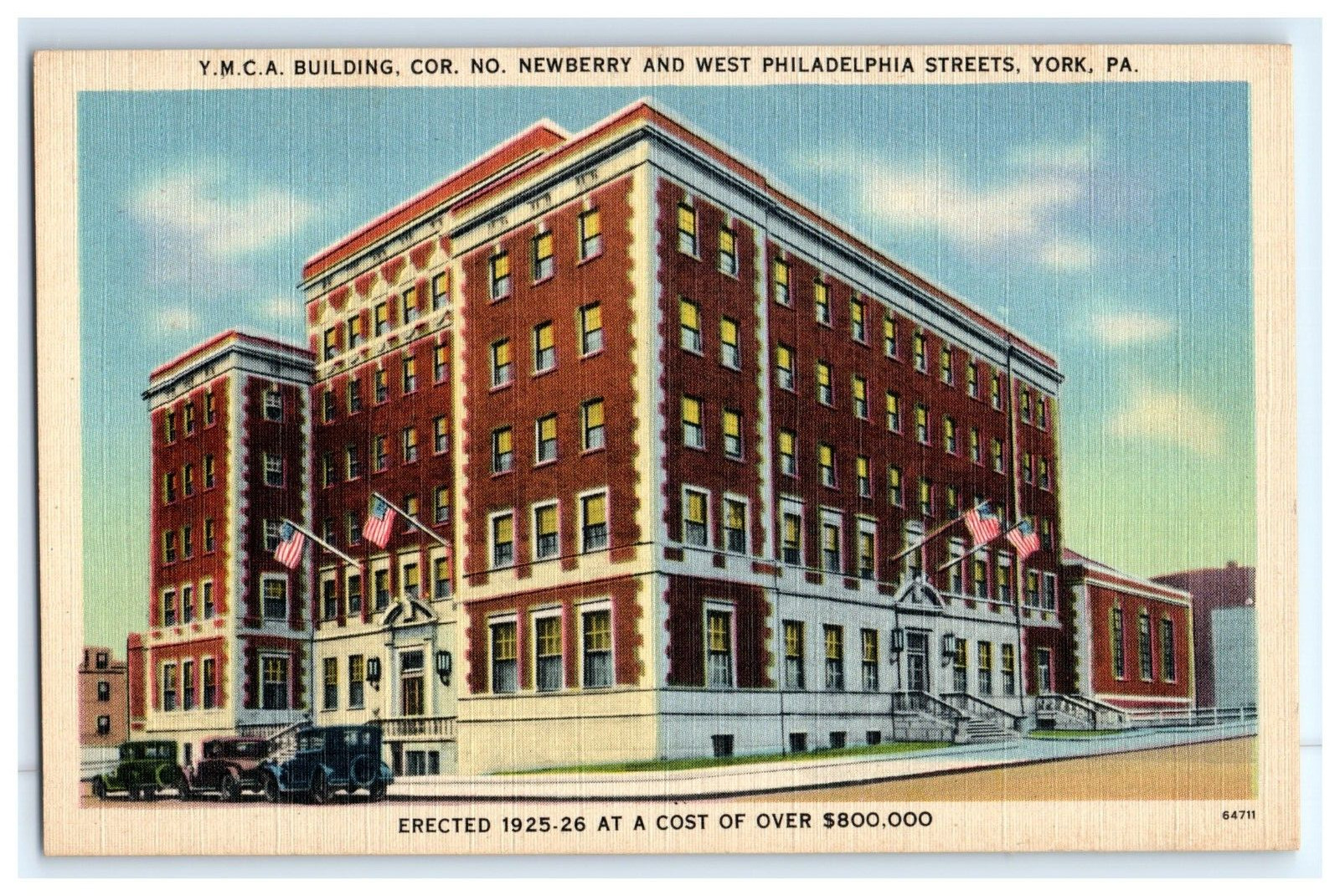 Vintage Postcard YMCA Building Newberry & West Philadelphia York PA Flag Model A