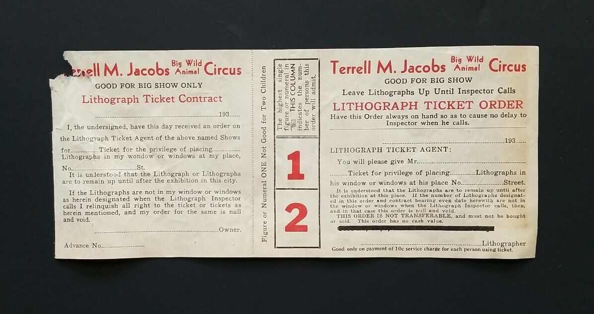 1930's Terrell M. Jacobs Circus LITHOGRAPH CONTRACT/ TICKET ORDER (Unused)