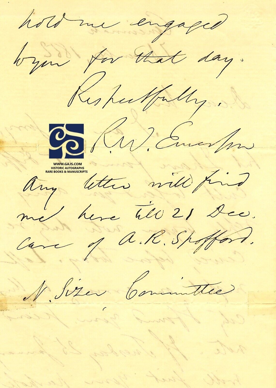 RALPH WALDO EMERSON - AUTOGRAPH LETTER SIGNED - 1852 -  LECTURING - PHRENOLOGY